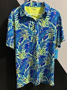 NWT Birdiebound Men's Blue Jungle/Tropical Print SS Golf Polo Size L